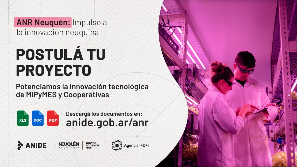 ANIDEneuquen's tweet photo. 🗂️📲 #Ahora podés postular tu proyecto de innovación al #ANRneuquén nuestra línea conjunta con la Agencia IDi para MIPYMES y Cooperativas de #Neuquén
Visitá https://t.co/l1svoPiejy
#ANIDE #Innovacion #ciencia #tecnologia #creatividad #EconomiaDelConocimiento #patagonia https://t.co/OiFLet3pZ2
