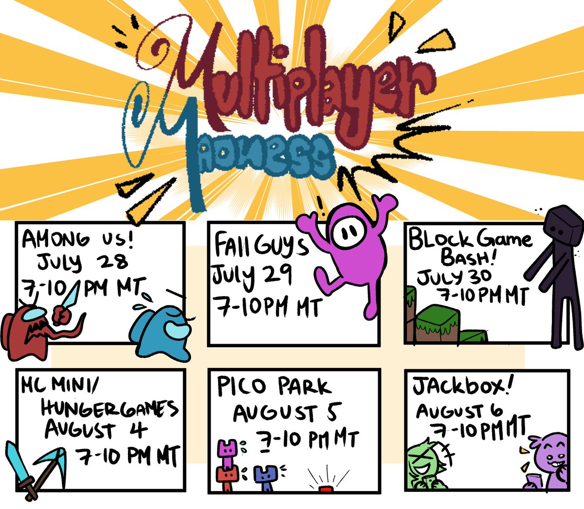 ShelbiRose2's tweet photo. Hey guys! It is almost time for Multiplayer Madness again! Here is the schedule for this season! 

All times are in the Mountain Time zone and make sure to thank @Peekabug_ for the amazing job of drawing the schedule for us! <3 https://t.co/JgQa3jQH8N