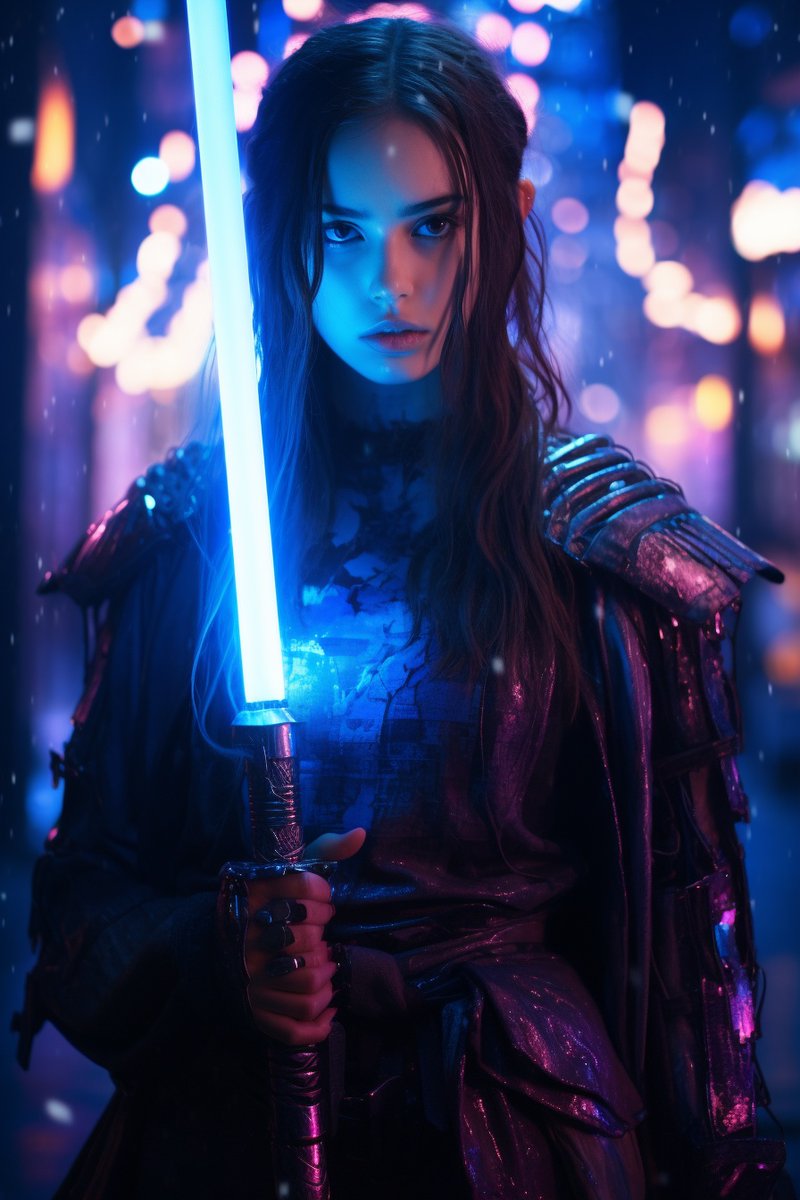 'In the haze of neon dreams, a maiden clad in blue strikes with a sword, a vibrant emblem of cyberpunk manga. An artistic chaos of styles emerges, the neon articulating a story of resilience, mirroring the unpredictable symphony of life. #ArtisticInsight #AIImagery' #midjourne