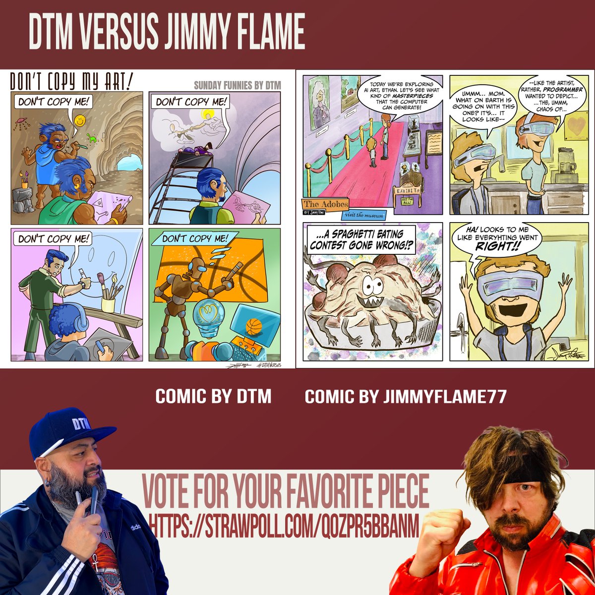 deltatangomike's tweet photo. Time to vote for your favorite comic strip in the latest #DTMVersus art battle between DTM and Jimmy Flame 
 
Vote Here!
https://t.co/VDkINoUoHv 
Voting closes Aug 1, 12 pm Eastern  

Theme: 
Ai, VR and AR vs Human Creativity 
#DTMVersus #ArtLifeAllDay #AdobeLive 
@AdobeLive_ https://t.co/blbXsoRx9H