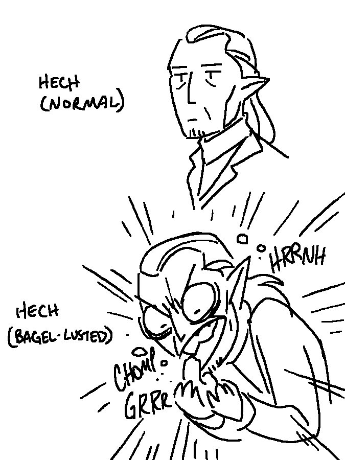Someone remarked on Hech's incredible bagel-eating speed on today's comic update, so I made a handy diagram to explain how that happened for an in-universe reason and how it definitely wasn't because I just didn't want to keep drawing the bagel for more pages than I had to