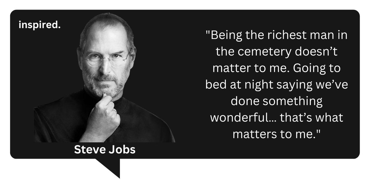 🌟 'Being the richest man in the cemetery doesn't matter to me. Going to bed at night saying we've done something wonderful… that's what matters to me.'💭💖 Embrace the pursuit of meaningful impact over material wealth. 🚀✨ #Inspiration #MeaningfulImpact #SteveJobsWisdom