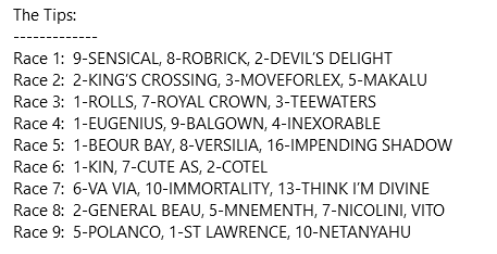 TurfDeli's tweet image. Tips + suggested bets #Caulfield #BletchinglyStakes 22/07/2023 ☀️😎🧐🏇

ROUGH R3 7-ROYAL CROWN 
EW R4 1-EUGENIUS
EW R5 1-BEOUR BAY, QUIN 1#8,10,16,17
ROUGH R6 7-CUTE AS
WIN R8 2-GENERAL BEAU, QUIN 2#5,7
ROUGH R9 5-POLANCO

Full form: facebook.com/TurfDeli