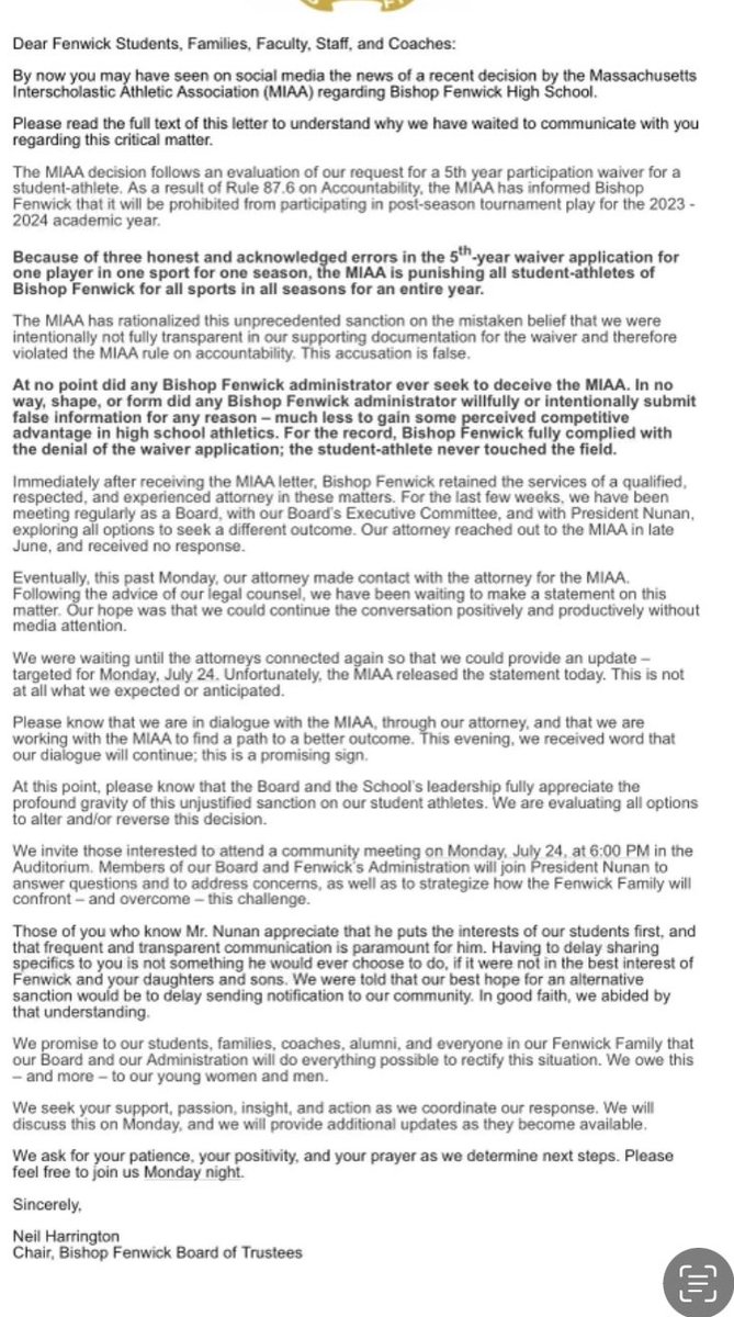 QTruthSeeker1's tweet photo. This is a copy of the letter sent to the Bishop Fenwick community. https://t.co/dvffnjxhGK