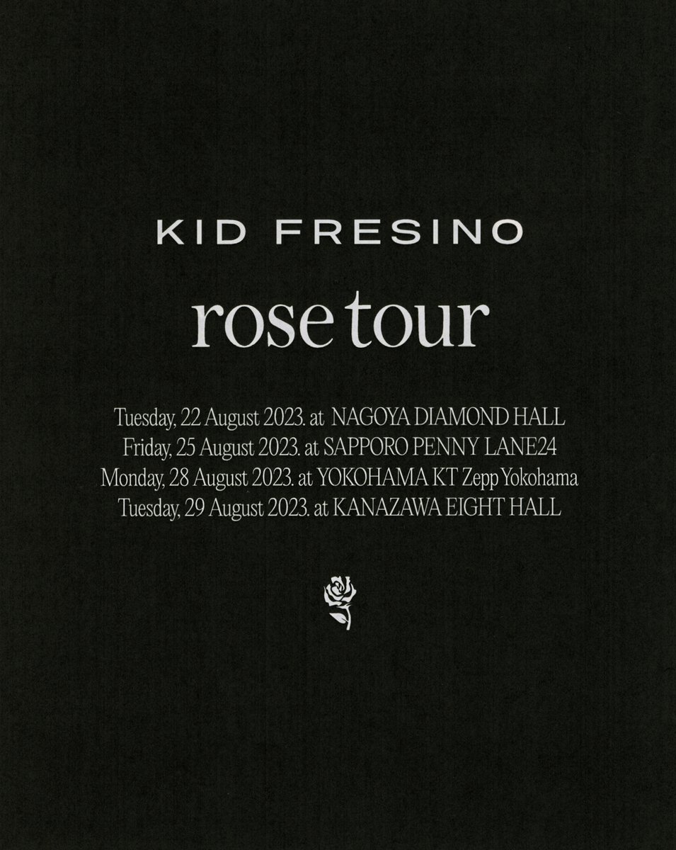 KidFresino_Info's tweet photo. チケット一般発売開始します

｢長谷川白紙×KID FRESINO｣
8/21 Zepp Shinjuku
LIVE 長谷川白紙 / KID FRESINO
DJ COMPUMA

｢rose tour｣
8/22 DIAMOND HALL
8/25 PENNY LANE24
8/28 Zepp Yokohama
8/29 EIGHT HALL
w/三浦淳悟 佐藤優介 斎藤拓郎 石若駿 小林うてな ⻄田修大
https://t.co/9sG1oydDnL https://t.co/Y7I3nKcou9