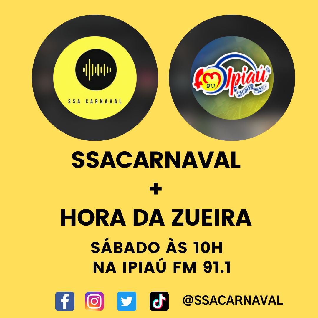 ssacarnaval's tweet photo. Amanhã nossa estreia na rádio #IpiauFm no Programa #HoradaZueira às 10h. Não percam! Conseguem escutar pela sintonia 91,1 Fm e no link: https://t.co/GCJQiir5dc
#SSACARNAVAL #CLAUDIALEITTE #IVETESANGALO #TAYSREIS #FORTAL #EITCHASUCESSOES #LEOSANTANA #LUDMILLA https://t.co/McmgkORAtb
