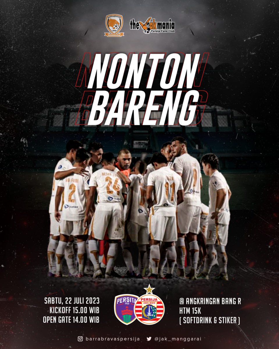 Jak_Manggarai's tweet photo. Nonton Bareng Barrabravas
TERBUKA UNTUK UMUM!

🥊: Persita vs Persija Jakarta
🗓️: Sabtu, 22 Juli 2023
🏟️: Stadion Indomilk Arena
💰: 15k (Softdrink &amp; Stiker)
⏰: Open Gate 14.00 WIB
📍:  Angkringan Bang R
Jl KH abd Syafi'i no.17 

Silahkan datang lebih awal! https://t.co/nKj4WDcXqr