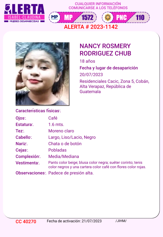 isabel_claudina's tweet photo. #AlertaIsabelClaudina
🚨 Ayúdenos a encontrar a
NANCY ROSMERY RODRIGUEZ CHUB
Desapareció el 20 de Julio de 2023
Cualquier información comunicarse al teléfono 📞 1572
Gracias por difundir esta información❗ https://t.co/R4AZ8kYvHi