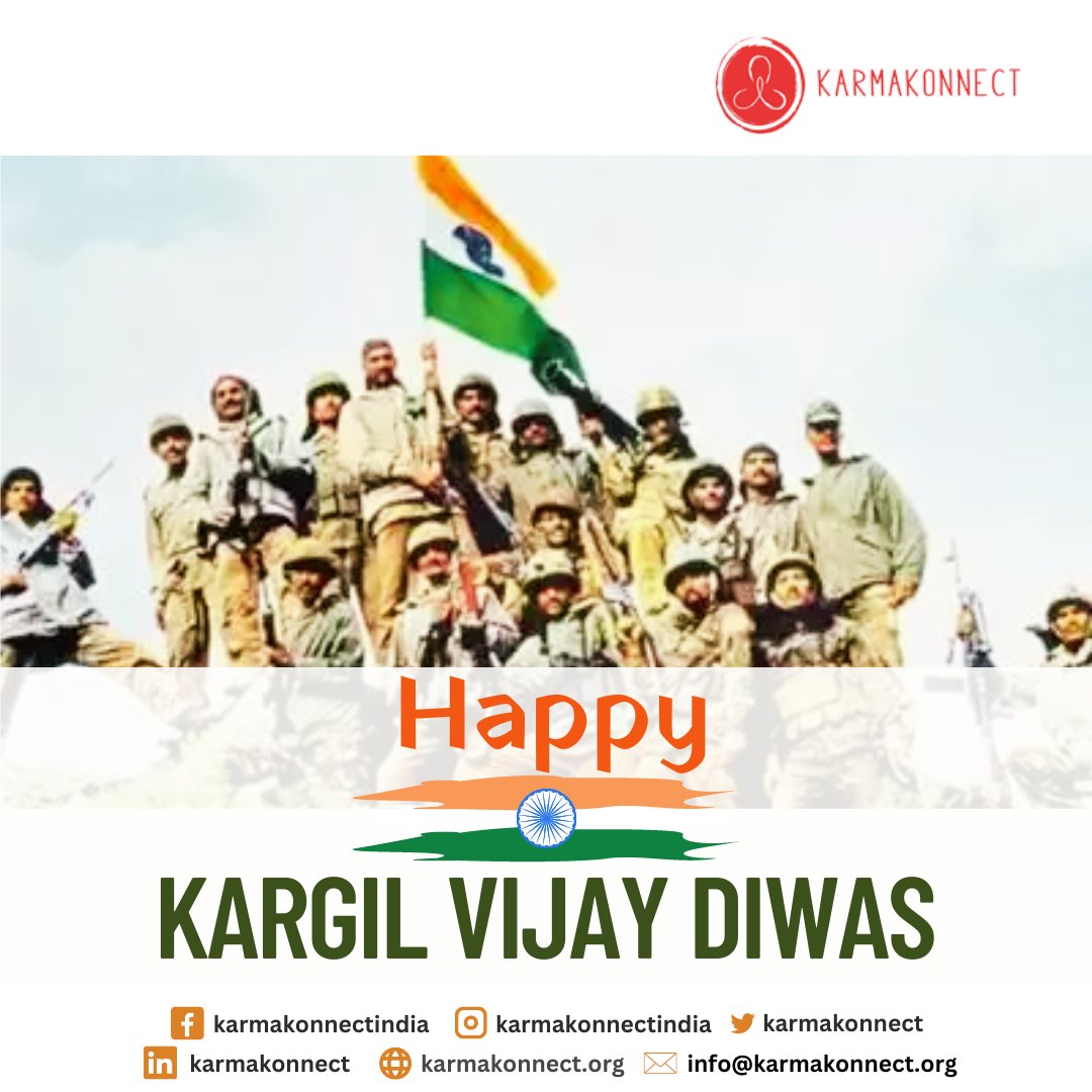 KarmaKonnect's tweet photo. On this day, let us bow our heads in remembrance of the Bravehearts who gave up their lives protecting our nation's borders. Saluting their unmatched courage, resilience, and patriotism. Their sacrifices will forever be etched in our hearts. #KargilVijayDiwas https://t.co/qTCUT9unV7