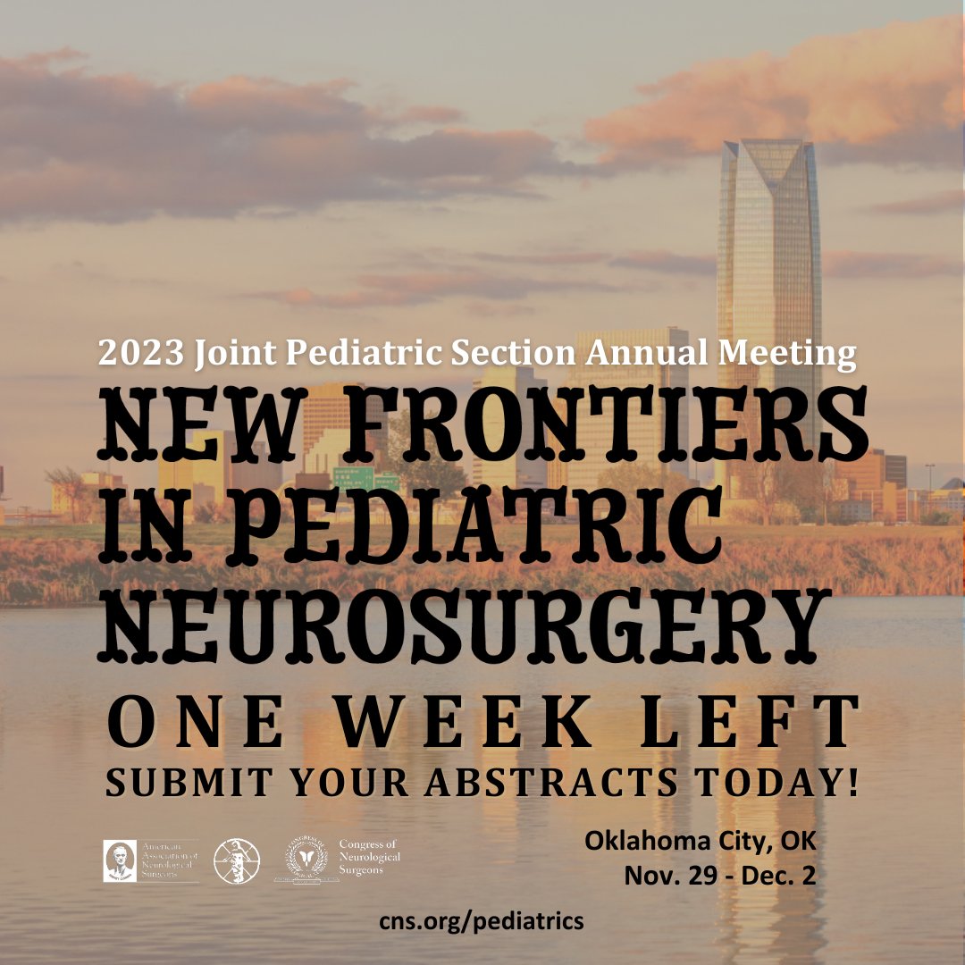 CNS (@cns_update) on Twitter photo Only 1 week left to submit your #abstracts for the 2023 Joint Pediatric Section Annual Meeting! Join us in Oklahoma City and present your science in front of your peers and showcase the new frontiers of pediatric neurosurgery! Register now: cns.org/pediatric
<a href="/PedsSection/">AANS/CNS Peds Section</a> Only 1 week left to submit your #abstracts for the 2023 Joint Pediatric Section Annual Meeting! Join us in Oklahoma City and present your science in front of your peers and showcase the new frontiers of pediatric neurosurgery! Register now: cns.org/pediatric
<a href="/PedsSection/">AANS/CNS Peds Section</a>