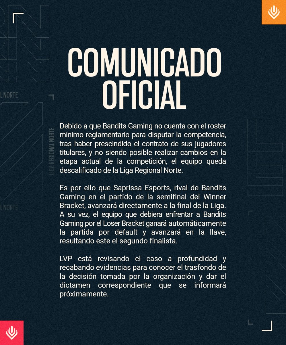 lvplolnorte's tweet photo. Comunicado Oficial: Descalificación Bandits Gaming. 

| #LRN 🏆 https://t.co/b23IcJt9gC