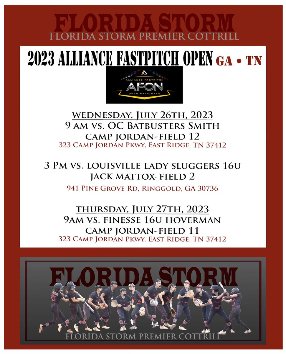 FlStormCottrill's tweet photo. Final preparations as we get ready to head to Chattanooga, TN for the Alliance Fastpitch Open Nationals! #stormnation #letsgo #AFON #FLSTORM @AlissaSmith12 @JaxSoftball @EASRecruiting @bowey23 @LegacyLegendsS1 @Los_Stuff @ExtraInningSB @alliancefastpitch https://t.co/74BwXi1oJF