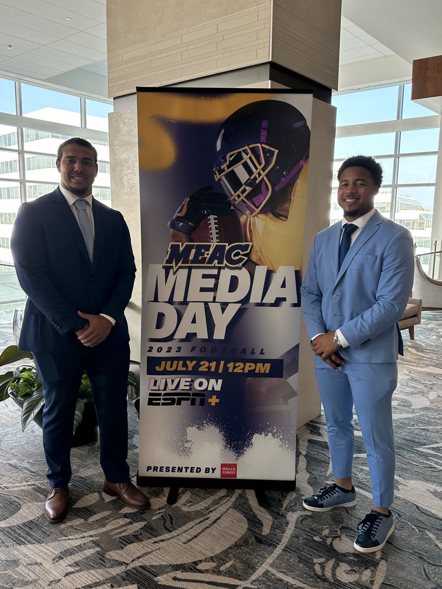 HBCUSports1's tweet photo. 2023 MEAC Football Media Day
* Delaware State University
* LB  Maurio Goings
* RB  Wade Inge
📷DelSt_Football https://t.co/nNyIQOMY6W
