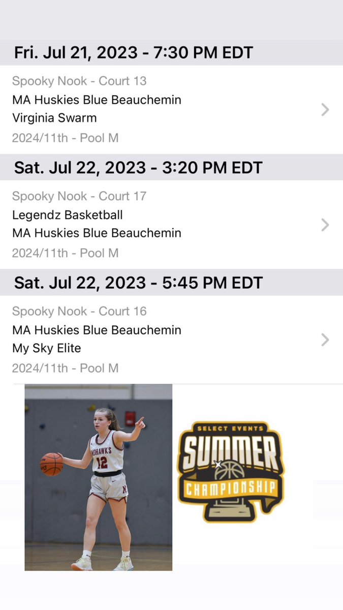 Last AAU tournament at Spooky Nook for <a href="/SelectEventsBB/">Select Events Basketball</a> Summer Championship!! Here’s my schedule hope to see you there! <a href="/MAHuskies/">MA_Huskies</a> <a href="/DanB1222/">CoachDan</a> <a href="/BashHoopsNE/">Bash Hudson</a>