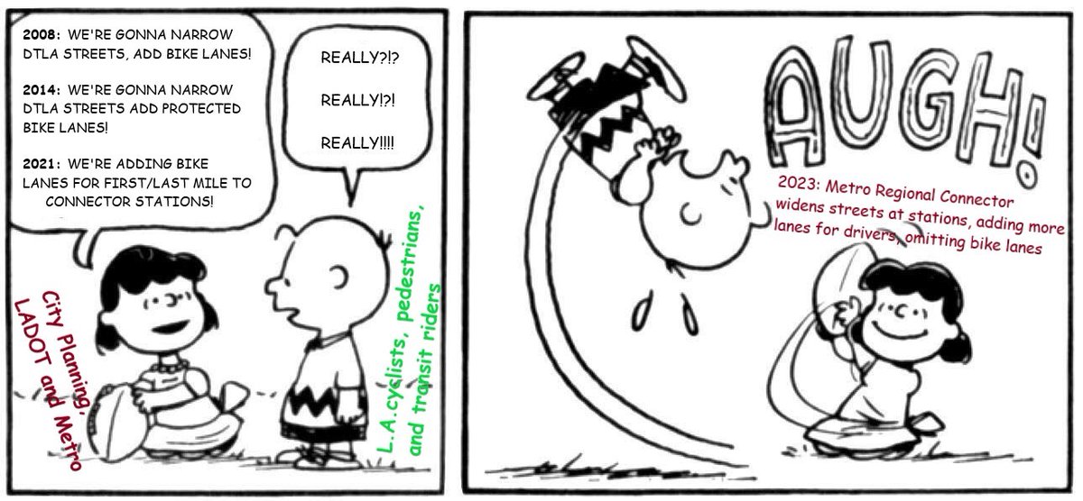I @joelinton keep coming back to this image to describe Metro&amp;LACity botching Regional Connector first/last mile. 10+yrs ago cyclists&amp;others fought to get good plans, then Metro ignored them, maybe thinking nobody would notice that even on rail projects they prioritize drivers.