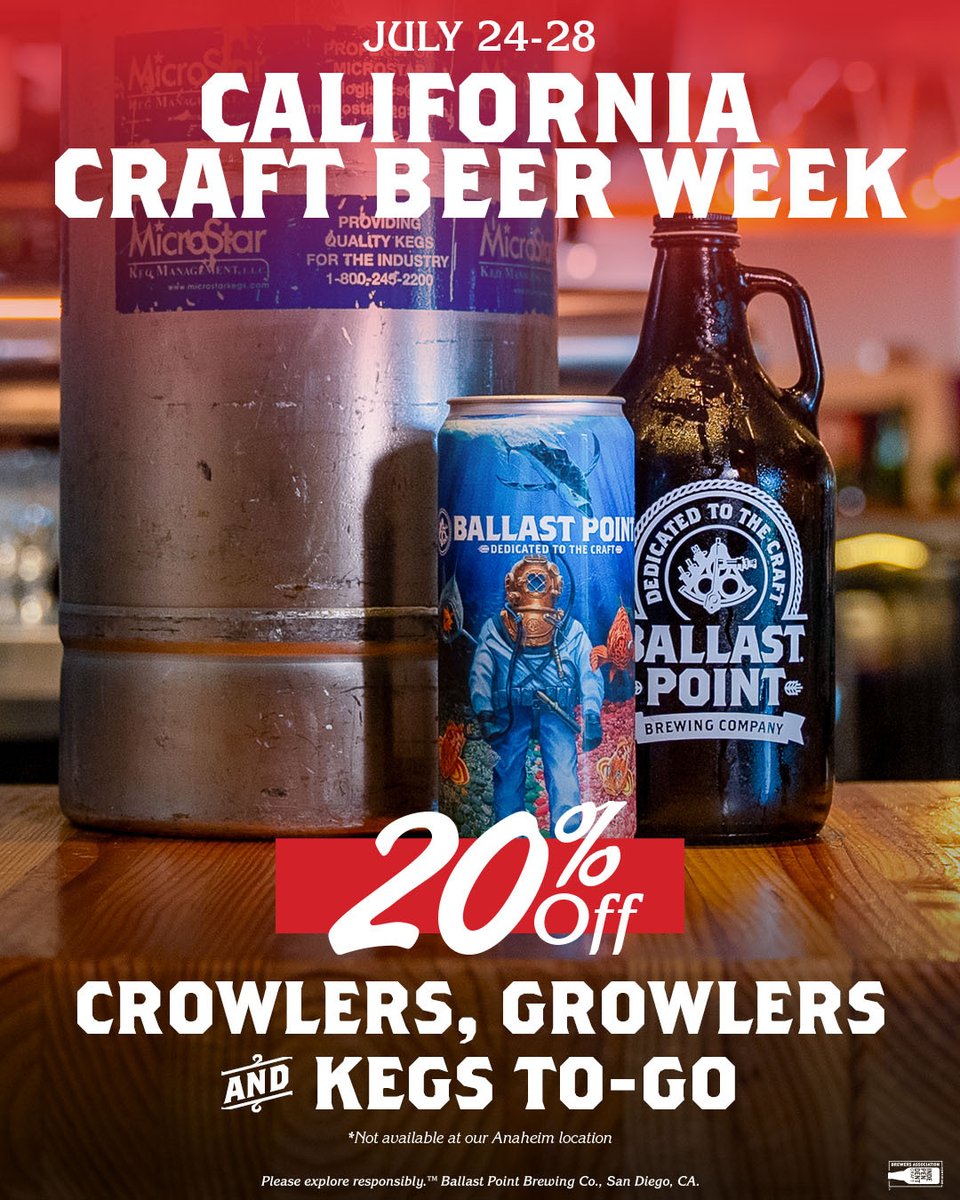 Let's raise a glass to California Craft Beer Week 🍻

Enjoy 20% off Crowlers, Growlers, and Kegs To-Go.* Here's to great beer and great times!

*Not available at our Anaheim location