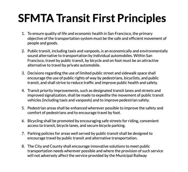 drivingmzstacey's tweet photo. San Francisco has been saying it is a #TransitFirst City for 50 years. We actually have "Transit First Principles". Though it seems like @SFMTAMuni just does a copy/paste into every traffic modification document without anyone ever reading them. Let's review:
🧵
1/ https://t.co/FsgHR8xSMy