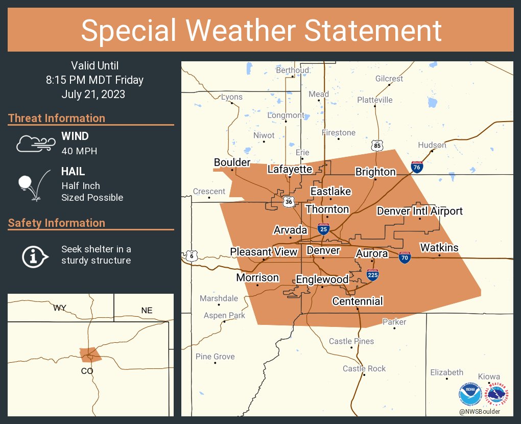 A special weather statement has been issued for Denver CO, Aurora CO and  Lakewood CO until 8:15 PM MDT #COwx https://t.co/xYNBlBs7Yq