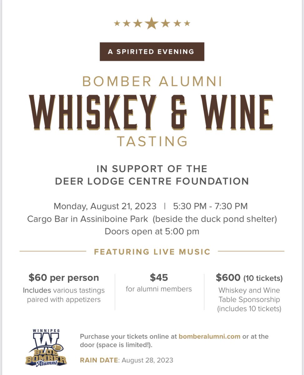 BomberAlumni's tweet photo. Join us at the Cargo Bar, Assinaboine Park, on Monday, August 21st. Tickets are on sale now and space is limited! 
Visit https://t.co/O31GPmlbdB @deerlodgefdn @CFL_Alumni @Wpg_BlueBombers https://t.co/LH31ZSmfBB