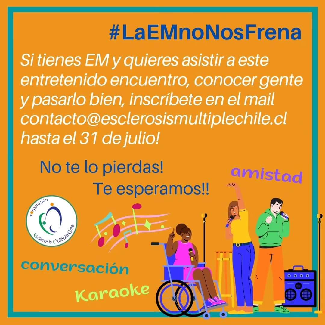 Si tienes EM o eres cuidador de persona con EM, los invitamos a este entretenido encuentro. Confirma tu asistencia al mail contacto@esclerosismultiplechile.cl para enviar dirección y efectos de organización!
#EsclerosisMultipleChile #ConexionesEM
#EsclerosisMúltiple