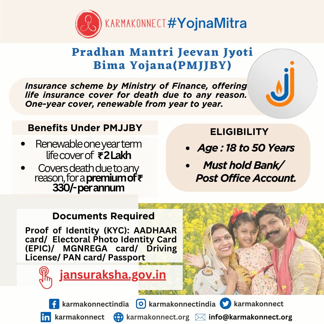 KarmaKonnect's tweet photo. Know your Scheme with #KarmaKonnect_YojnaMitra
#PMJJBY by MOF offers life insurance cover for death due to any reason, with 1 year cover, renewable from YTY. All individual account holders between age 18 to 50 years entitled to join. Visit: https://t.co/CCI5Y5YW8j #KarmaKonnect https://t.co/j3oz1fUkzd