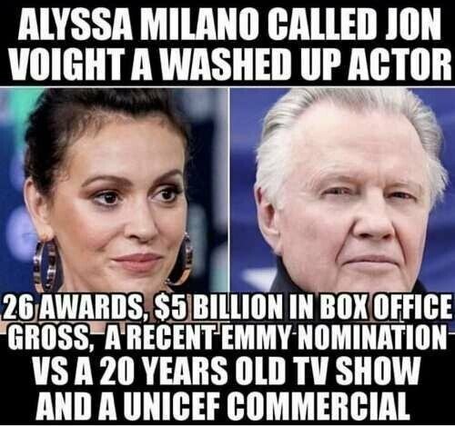 Alyssa Milano was never the same calibre as Jon Voight to even make this characterization https://t.co/fTHA7egQBX https://t.co/py8SvEByho