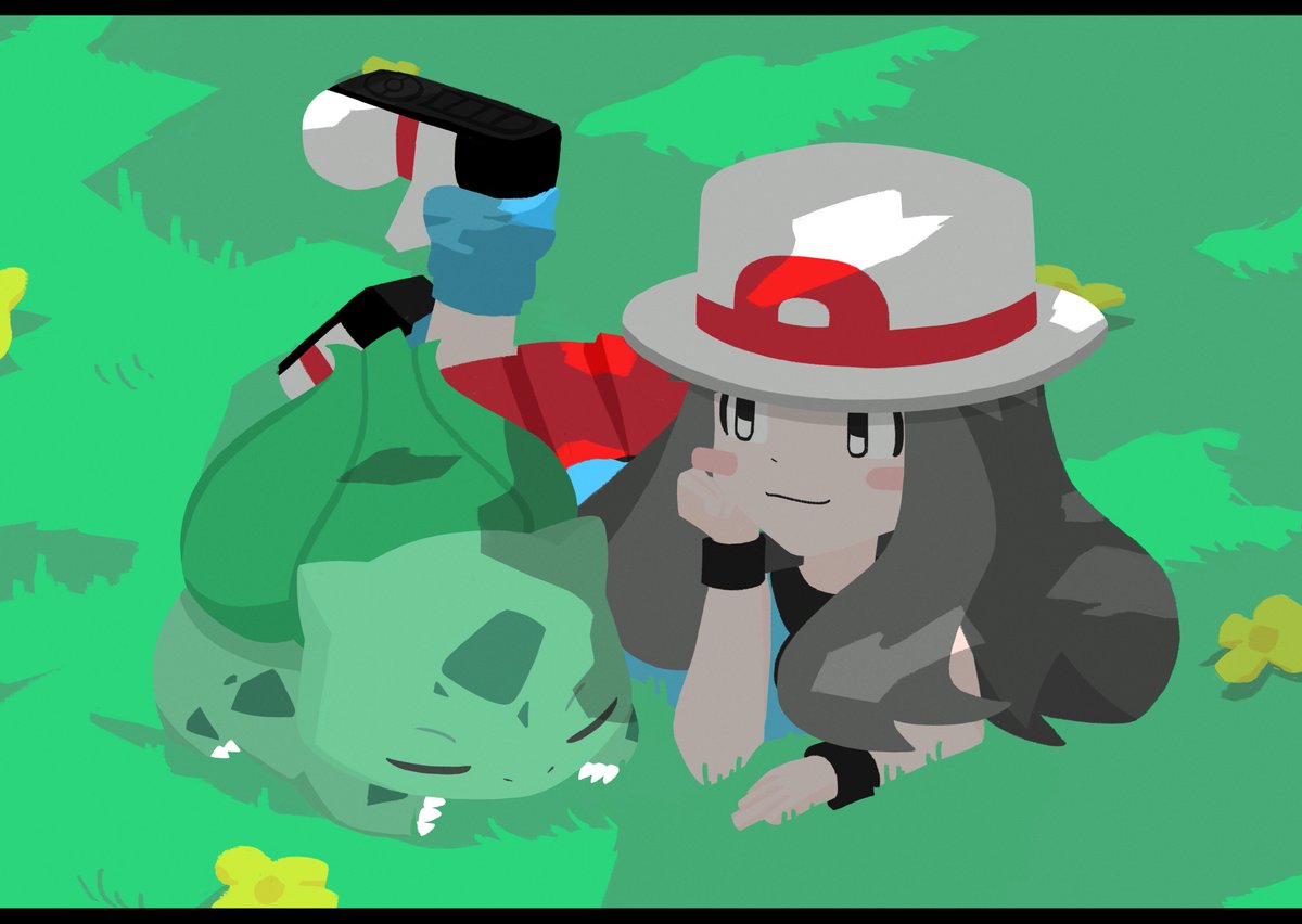 bulbasaur ,leaf (pokemon) 1girl hat pokemon (creature) on stomach shoes grass long hair  illustration images