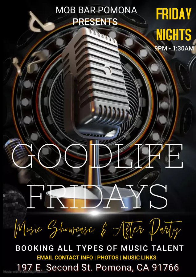 paceshow's tweet photo. Musicians, singers, and bands wanted!!!

Every Friday Night @ The Mob Bar (Downtown Pomona)

$100 🍾 BOTTLES of Snoop Dog Rose 🍾 &amp; Gambino Champagne 🥂 

GOODLIFE FRIDAYS 🛥️🚁
@goodlifefridaysla
@mobbarpomona https://t.co/nKEBzdnccZ