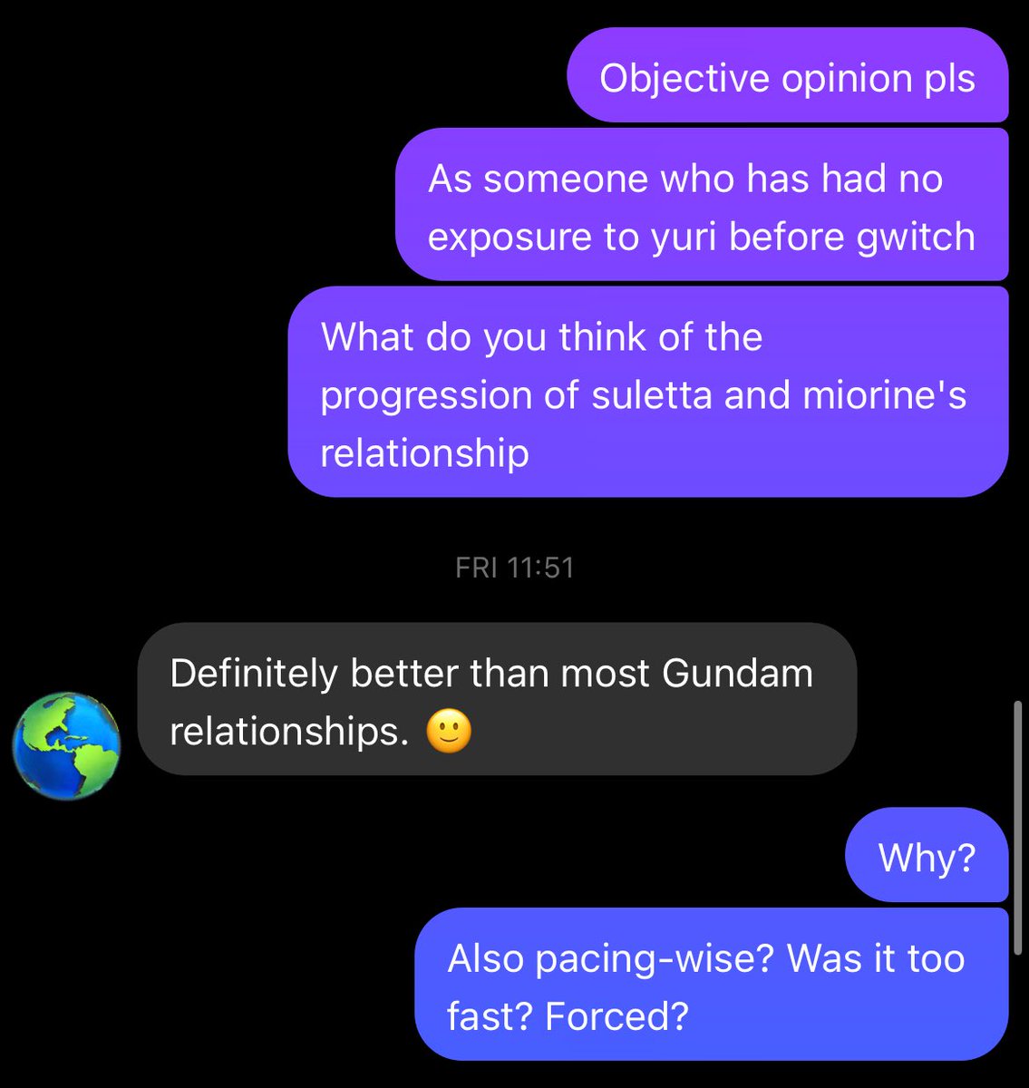 ravenndei628's tweet photo. Because I've been curious--and I kinda wanted to hear an opinion on Sulemio that is not from my "echo chambers"--I decided to ask my brother about them. 
Context: he is straight, a longtime Gundam fan, and has never watched a single yuri show in his life. So: 
1/2 https://t.co/kDMjLqlRhA