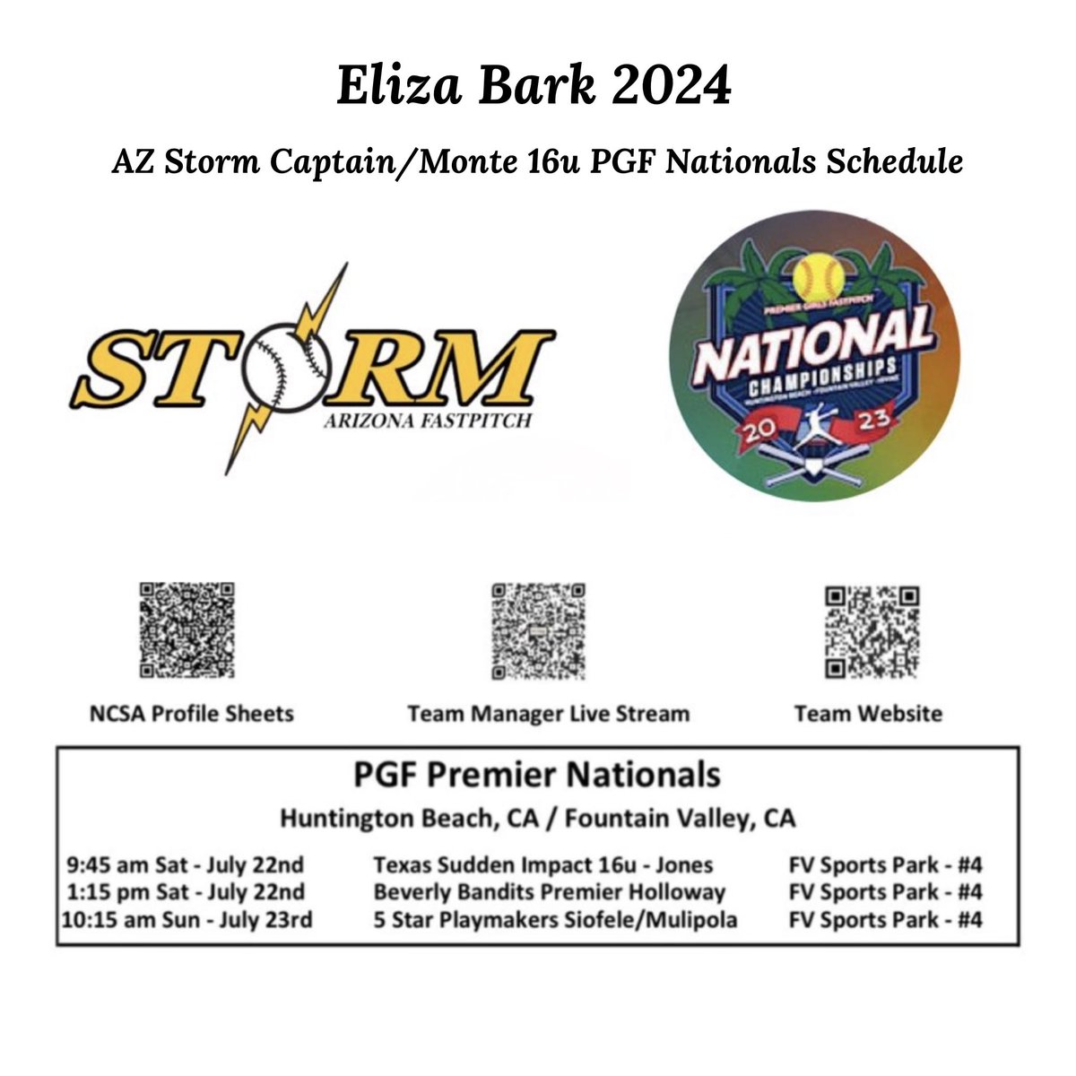 ElizaBark's tweet photo. PGF Nationals Schedule for this week!! Go Storm! @azstormsoftball @byusoftball @UVUSoftball @Utah_Softball @alliejo27 @coachCThomson @GordonEakin @paigeparker008 https://t.co/W9PUoHtjYZ