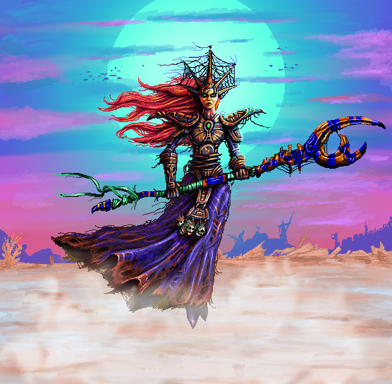MrAwolf's tweet image. Queen Tycrid concept.
She changed a fair bit in translation to the game.

#pixelart #gameconcept