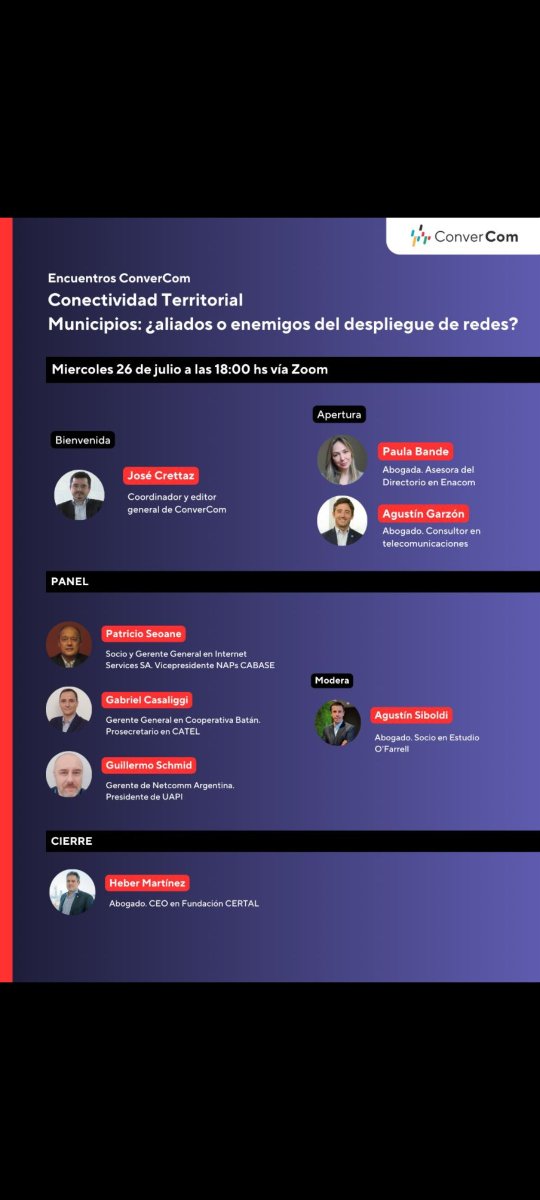 Chicas Tic los invita a:

Encuentros _ConverCom_ 2023
📌 Miércoles 26/7
⏲  18hs 🇦🇷

Conectividad Territorial.
 *Municipios: ¿aliados o enemigos del despliegue de redes?* 

Registrate sin costo 👇
us06web.zoom.us/meeting/regist…

#ConverCom