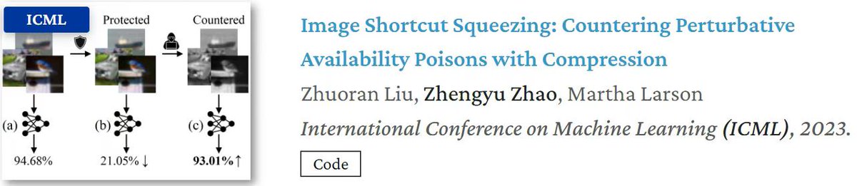 Zhengyu Zhao (赵正宇) (@jeremyzhaozy) on Twitter photo I will present our paper (led by <a href="/liuzrcc/">Zhuoran Liu</a>) <a href="/icmlconf/">ICML Conference</a>. We find that adversarial training isn't necessary for mitigating (non-adaptive) data poisons, but simple image pre-processing (PP) is sufficient. In particular, which PP to choose depends on the perturbation frequencies. I will present our paper (led by <a href="/liuzrcc/">Zhuoran Liu</a>) <a href="/icmlconf/">ICML Conference</a>. We find that adversarial training isn't necessary for mitigating (non-adaptive) data poisons, but simple image pre-processing (PP) is sufficient. In particular, which PP to choose depends on the perturbation frequencies.