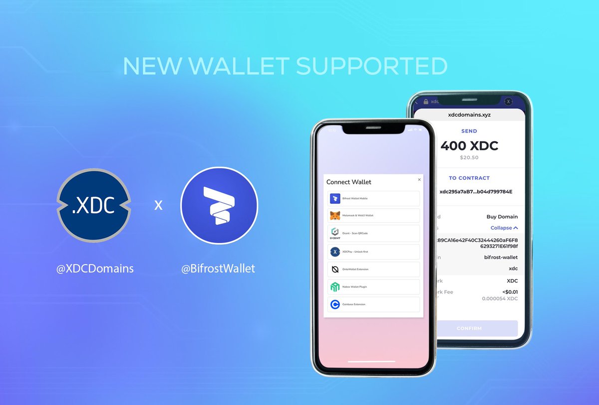 xdcdomains's tweet photo. 🌟Thrilled to announce our seamless integration with @BifrostWallet! 

Manage your #xdcdomains effortlessly and revel in a flawless minting .xdc process on #BifrostWallet. 🎯

📲 Ready to dive in? Install #BifrostWallet now: https://t.co/zx0TYTHamR. 

🔥Unleash the power of #DeFi and #NFTs on Flare, #XRP, #Ethereum, #XDC, and beyond with our multi-chain wallet! 

💫 Already own your own .xdc? Take it to the next level at https://t.co/3GrjzyKtHX

🚀 Let's soar together! 🚀@XDCFoundation @XinFin_Official @xdc_community @ownxdc @onXDCNetwork #XDCNetwork