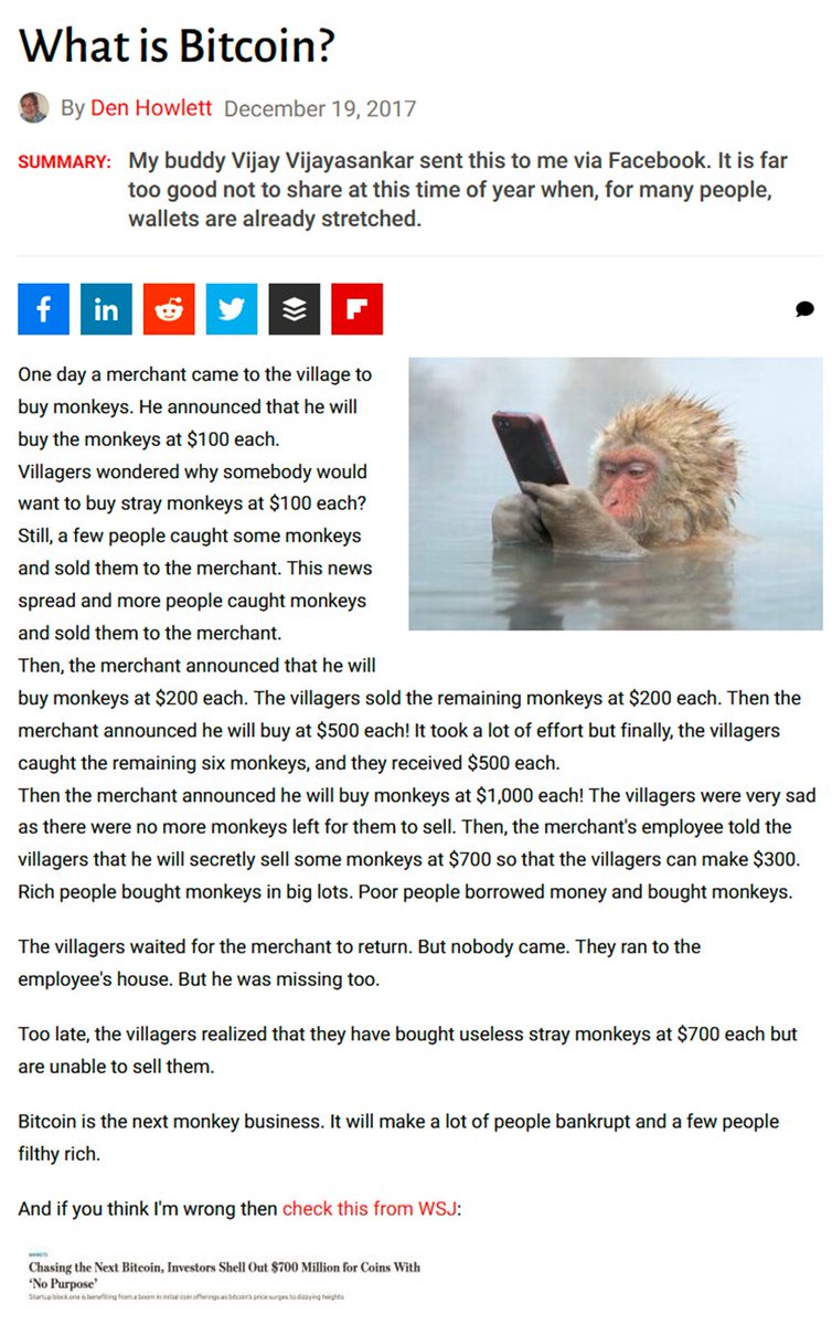 Exhibit 478: Monkeys and the Stock Market is a popular TradFi parable repurposed by anti-coiners. 
Popular on Facebook, LinkedIn, WhatsApp and as Email Forwards. https://t.co/UngEc4tvSG