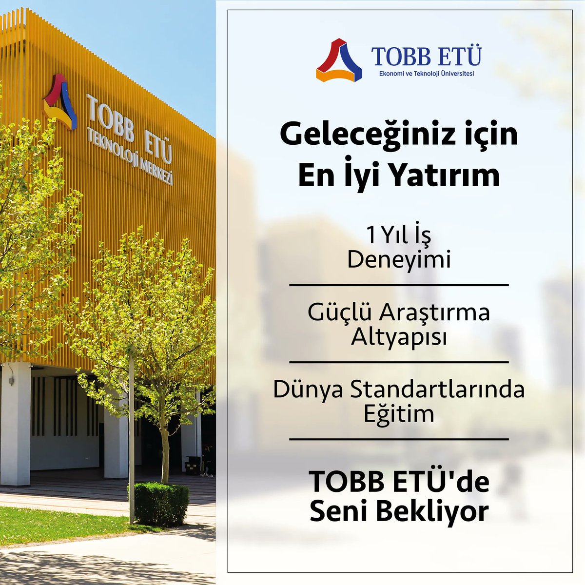 Geleceğinize TOBB ETÜ'de yön verin! Tanışmak için tüm üniversite adaylarını Tanıtım Günlerimize bekliyoruz.
#tobbetü #tobbetülüyüz