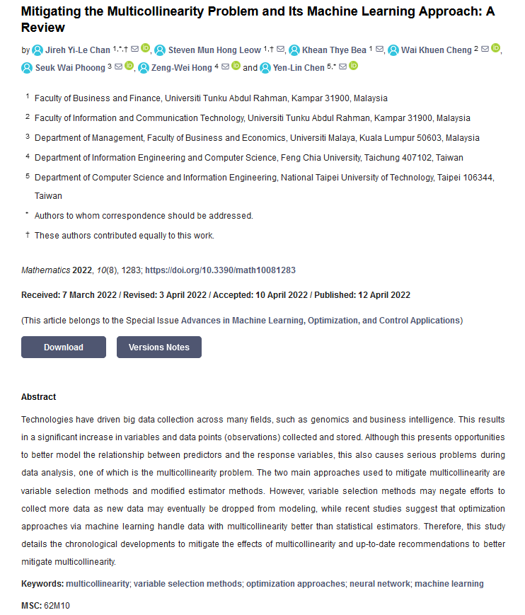 MathematicsMDPI's tweet image. #Mathematics #Highlycited Review by Jireh Yi-Le Chan (et al.)

Mitigating the #Multicollinearity Problem and Its #MachineLearning Approach: A Review 
buff.ly/3OnEIMn

More related papers at this SI! buff.ly/44TVYxW

@MDPIOpenAccess  @ComSciMath_Mdpi