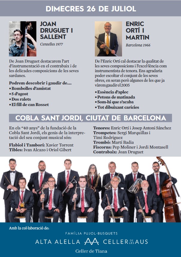 somsardana's tweet photo. Els #compositors @joandruguet i Enric Ortí juntament  amb la @coblaSantJordi són  els protagonistes d'aquest dimecres a la 20a edició del Festival de Compositors i Cobles de #Tiana

📆 26 de juliol
⌚ 21.30 h
📍 Parc Antic Camp Futbol

Amb concurs de #sardanes revesses! https://t.co/zciffeR2tU