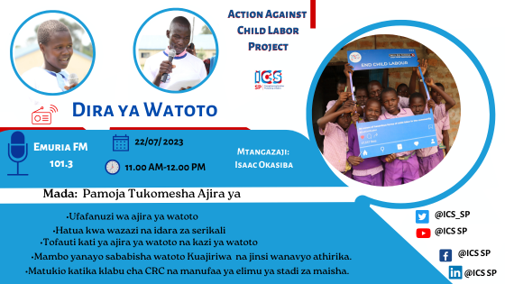 <a href="/ICS_SP/">ICS SP</a> Today at 11 A.M: 

Catch up with Children’s talk Show <a href="/emuriafm/">Emuria Fm 101.3 ~ Sauti Ya Border</a>   as they discuss matters #childlabor in #Busia County. <a href="/tdhnl_africa/">TdH-NL Africa 🧡</a> 

#investinginchildren
#childprotection
#childeducation