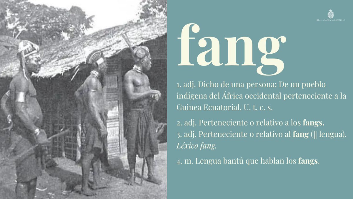 RAEinforma's tweet photo. #PalabraDelDía | fang

Recuerden que los nombres de pueblos y etnias se escriben con minúscula (https://t.co/AahJQxrTSu) y pluralizan regularmente, aquí añadiendo solo una «s» («fangs», como «zigzags») por terminar en «g» (§ 1h: https://t.co/tnAvtgxH7l). https://t.co/HEtWtlFa85
