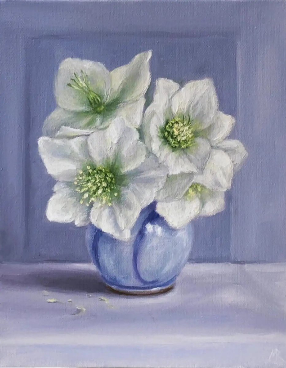 Marie Robinson (Irish, b. 1979). White Hellebores on Blue (2021, Oil paint on canvas).