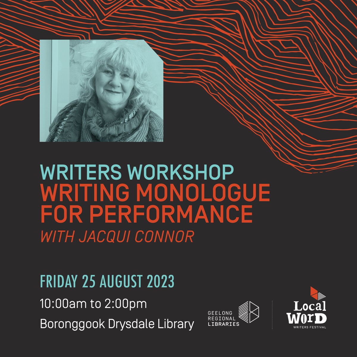 geelonglibrary's tweet photo. Are you interested in exploring the process of writing a monologue, from inspiration to delivering the final words? Look no further than #LocalWord23 workshop! Join us Fri 25 Aug, Boronggook Drysdale Library. Buy tix via our website https://t.co/mXy9jfDWsv. https://t.co/a2emWdoTUi