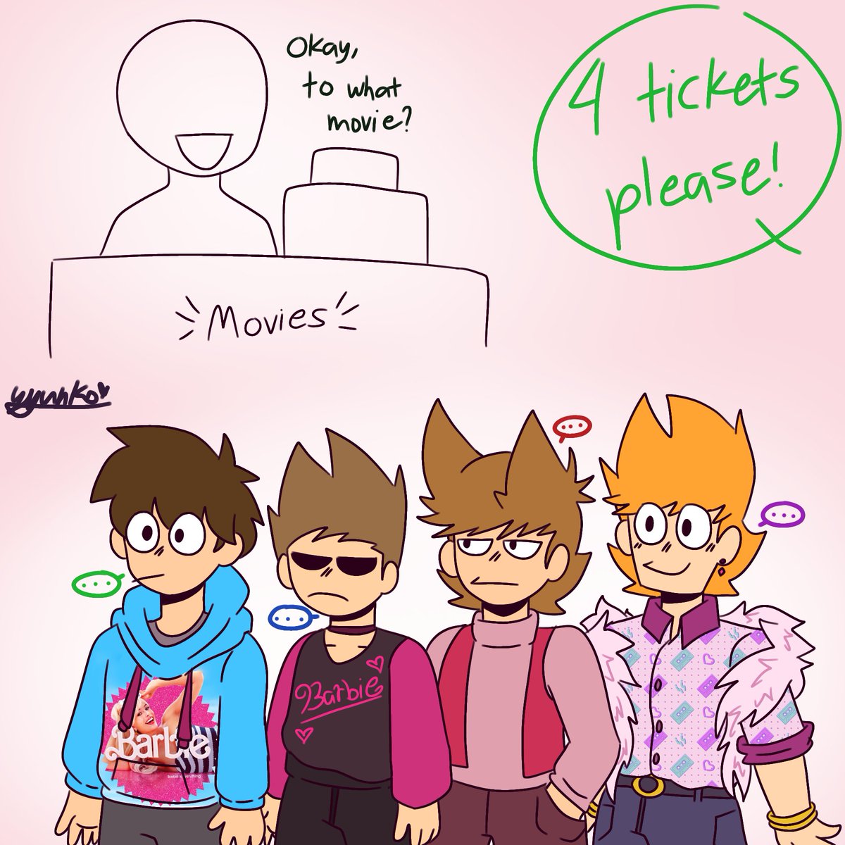 Y_yun_ko's tweet photo. I think they're gonna watch the barbie movie I'm not sure guys (I haven't watched it yet hshshmsjsjsj)
#eddsworld #eddsworldfanart https://t.co/WiHHzKco0u