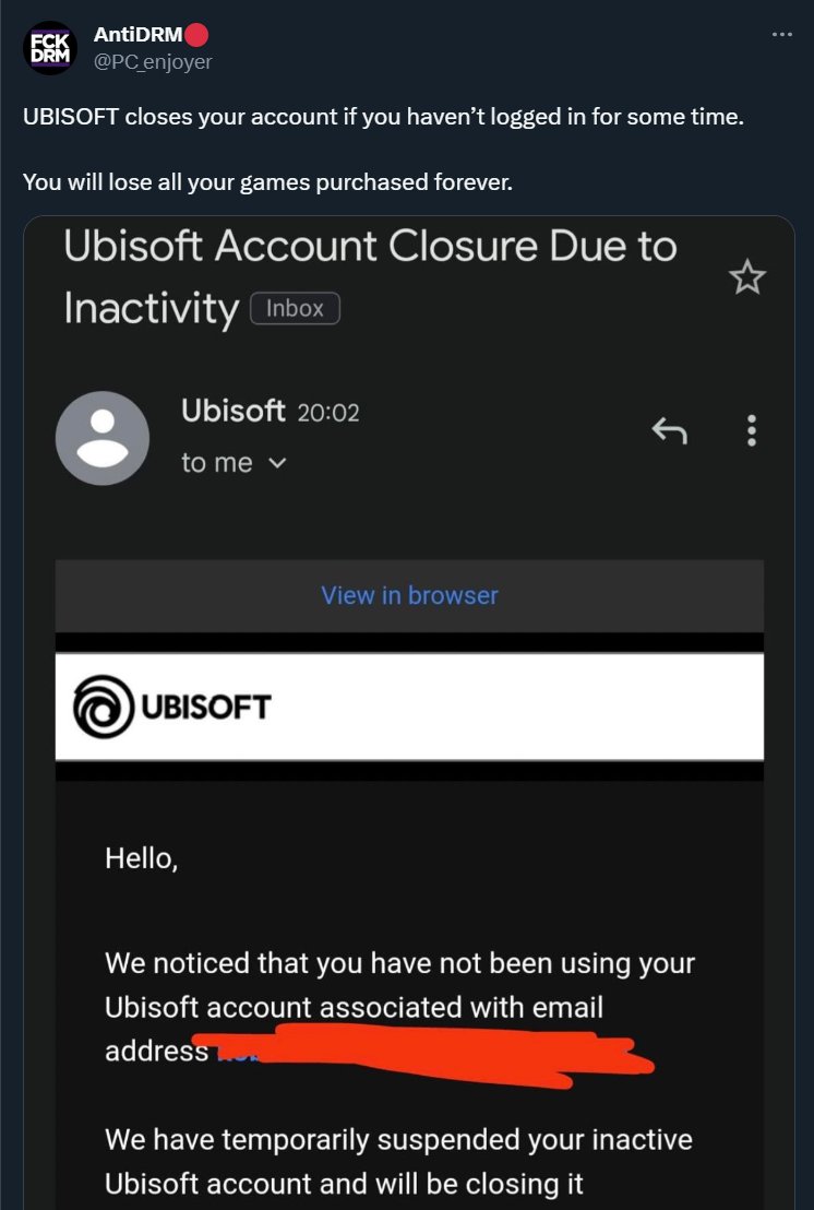 LegacyKillaHD's tweet image. This is just horrifying.

Ubisoft CONFIRMS they will delete your account &amp;amp; purchased games if you go inactive for too long!!!

Ubisoft.. WTF?! Another example of why I'm becoming more &amp;amp; more concerned with the death of physical games.