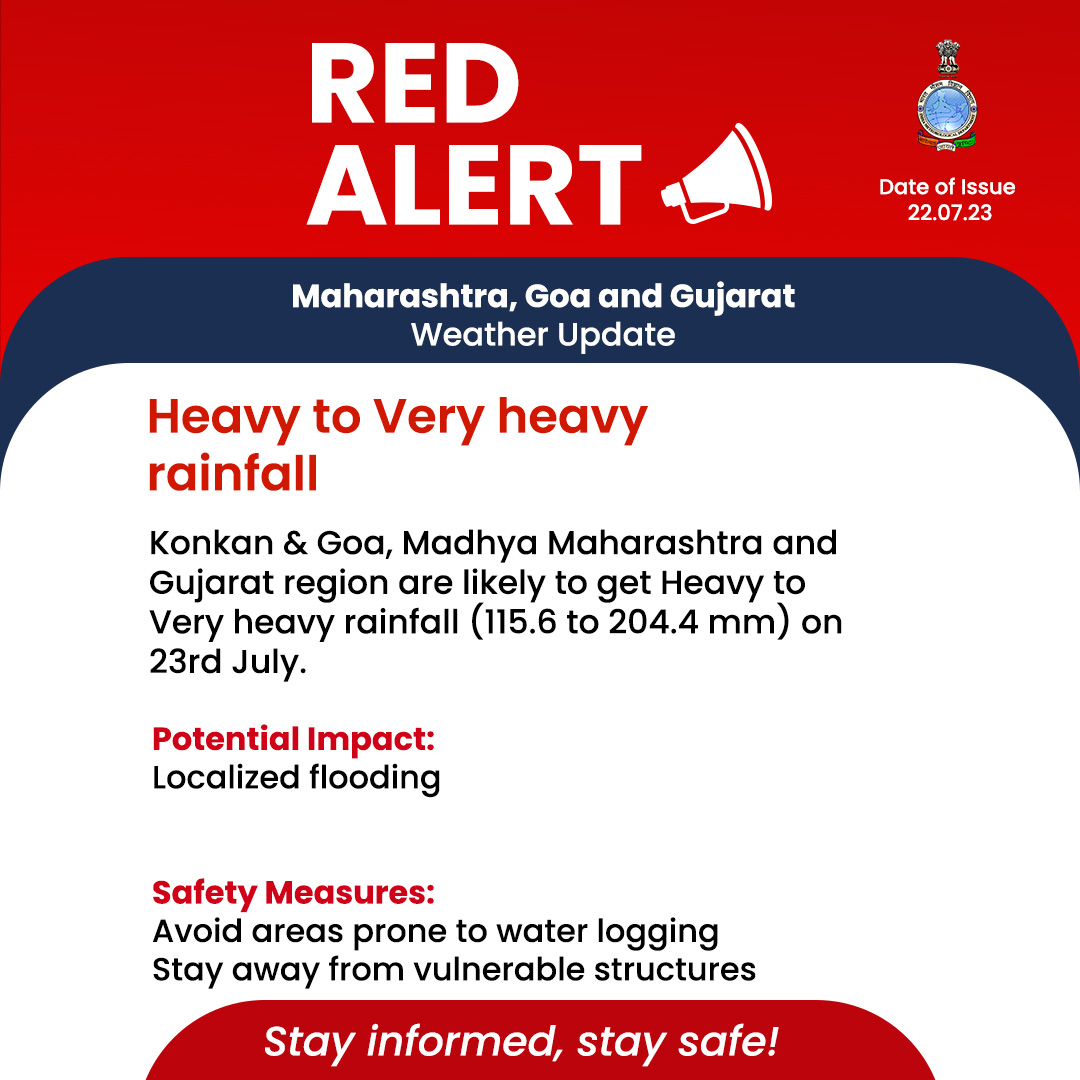 Indiametdept's tweet photo. ⚠️ #REDALERT ⚠ 

Prepare for Heavy to Very Heavy Rainfall with Extremely Heavy rainfall in #Maharashtra, #Goa &amp; #Gujarat on 23rd July.
Stay Safe!

#ExtremeWeatherAlert  #HeavyRainfall #StaySafe #RainfallWarning #monsoon2023 #Maharashtrarains 

@moesgoi
@DDNewslive
@ndmaindia https://t.co/r7Qey0xu4d