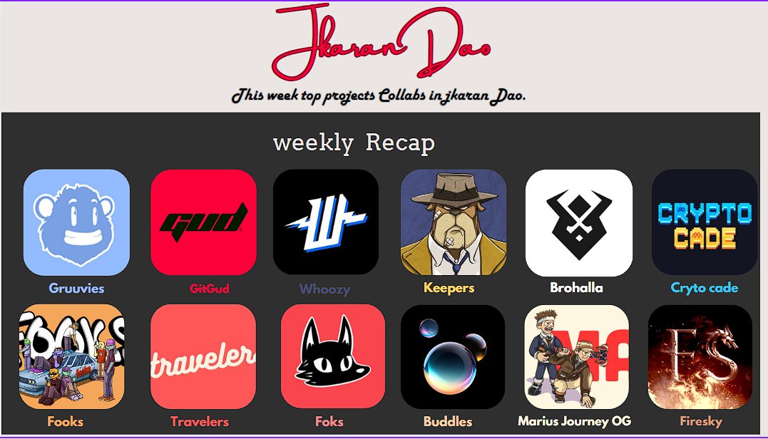 Recap of This week Top projects WL hunting for <a href="/JKaranDAO/">Jkaran Dao</a> 

<a href="/gruuvies/">Gruuvies</a> 
@GitGudNFTs 
<a href="/WhoozyNFT/">Whoozy</a> 
<a href="/TheKeepersNFT/">Keepers</a> 
<a href="/BroHallaNFT/">BroHalla</a> 
<a href="/CryptocadeGG/">Cryptocade</a> 
<a href="/fooksNFT/">fooks</a> 
<a href="/TRAVELERS_ln/">Travelers Corp.</a> 
<a href="/Foks_NFT/">Foks</a> 
<a href="/Buddles_co/">Visit</a>   
And Many more🫡

This is only the beginning🔥
Join discord:-discord.gg/jkarandao
