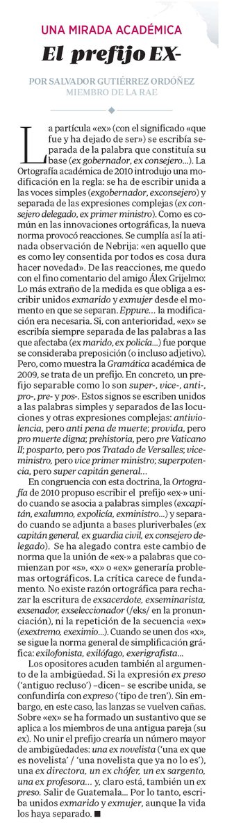 octimana's tweet photo. ALGUNAS COLUMNAS LINGÜÍSTICAS.
SALVADOR GUTIÉRREZ ORDÓÑEZ.

2⃣ "El prefijo EX-".
Suplemento ABC Cultural (2022-03-19) https://t.co/DaDNZKHHb8