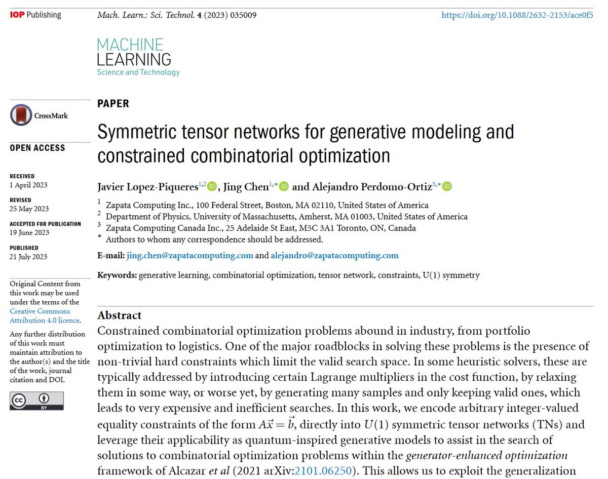 Great new work by Javier Lopez-Piqueres, Jing Chen @aperdomoortiz @ZapataComputing @UMassPhysics @UMassAmherst - 'Symmetric #tensornetworks for generative modeling and constrained #combinatorial #optimization' - bit.ly/471CSIg #quantum #machinelearning #AI #algorithms