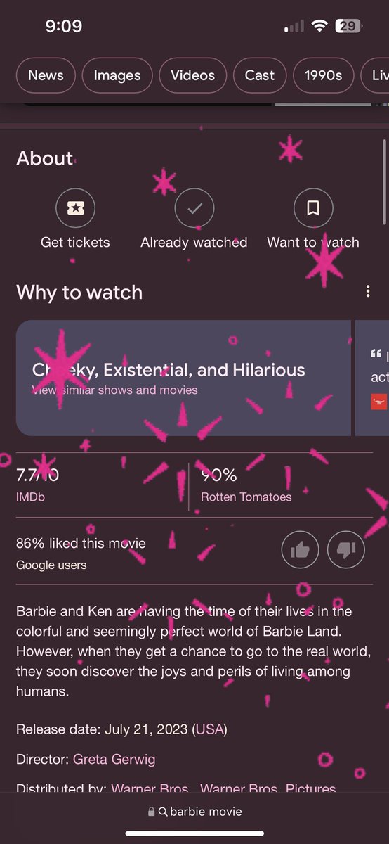My god the marketing genius of the <a href="/Barbie/">Barbie</a> movie doesn’t stop. If you Google “Barbie movie” the results show in pink WITH PINK SPARKLES ✨ 
👏