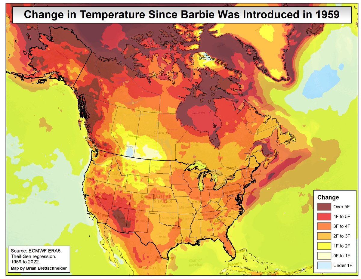 Change in annual temperatures since #Barbie was introduced in 1959.